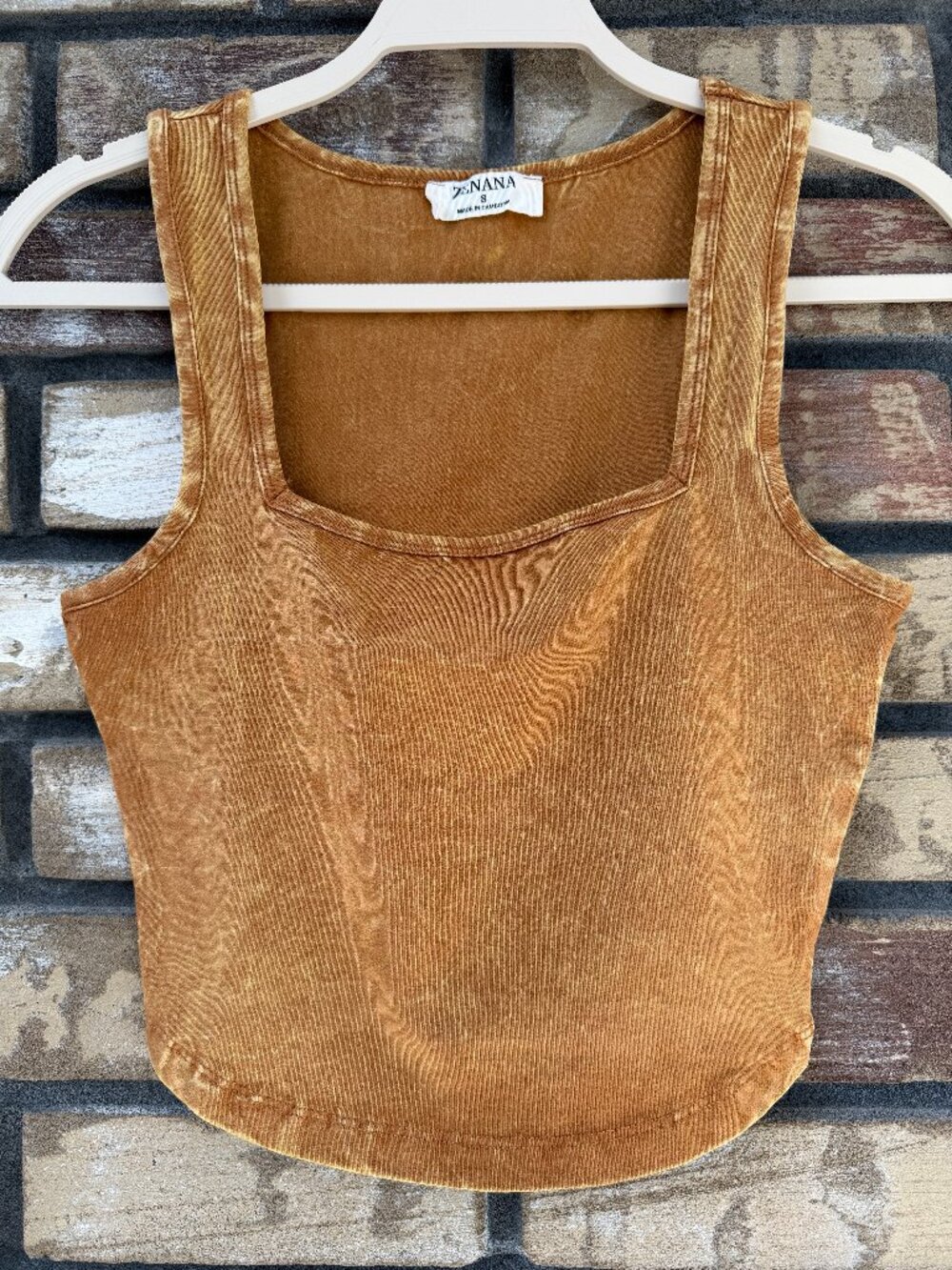 Zenana Mineral Wash Square Neck Cropped Tank Camel M